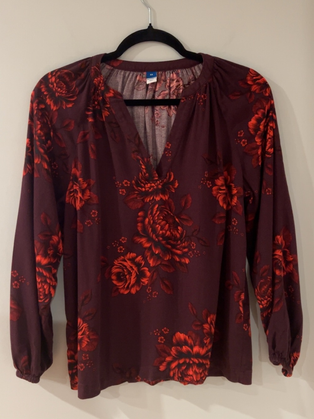 Old Navy Women's Burgundy Long-Sleeve V-Neck Top with Red Floral Print